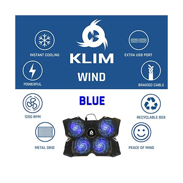 KLIM-Wind-Laptop-Cooling-Pad-The-Most-Powerful-Rapid-Action-Cooling-Fan-Laptop-Stand-with-4-Cooling-Fans-at-1200-RPM-USB-Fan-Compatible-New-2021-Version-Blue KLIM Wind Laptop Cooling Pad - More than 500 000 units sold - NEW 2023 - The Most Powerful Rapid Action Cooling Fan…