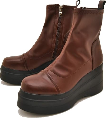 Amazon ヨースケ Yosuke 厚底ブーツ レディース ストレッチ素材のショートブーツ サイドジッパー付き ノーブランド品 ブーツ ブーティ