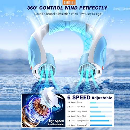 Aishini Neck Fan, Powerful Portable Fan AI 6 Speeds, 6000mAh Long-Lasting, Dual Motor Faster Cooling, USB-C Rechargeable, Hands-Free, (20H Runtime) 360° Airflow, Quiet Personal Fan (BLUE COLOR)