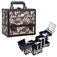Joligrace Makeup Train Case Cosmetic Organizer Box Lockable with 3 Trays and a Brush Holder with Mirror Vintage Brown Love Pattern