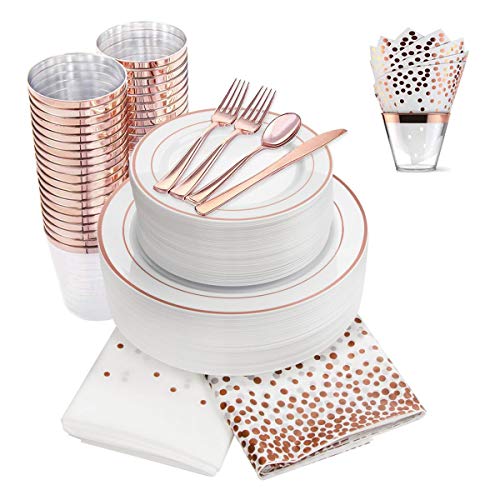 350 Piece Rose Gold Dinnerware Set, 100 Rose Gold Plastic Plates -50 Plastic Cups -50 Napkins -150 Cutlery set, 50 Guest Disposable Rose Gold Tableware Set (Bonus: 4 Pack Matching Plastic Tablecloths)