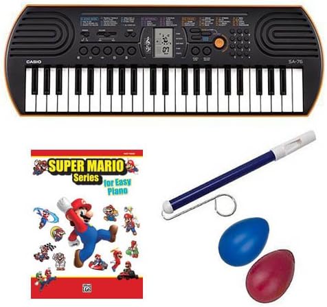 Casio SA-76 44 Key Mini Keyboard Bundle Includes Bonus Super Mario Piano Book Series for Easy Piano w/Red Slide Whistle & Rhythm Shaker Percussion