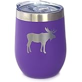 Bevvee Moose Wine Tumbler with Sliding Lid - Stemless Stainless Steel Insulated Cup - Cute Outdoor Camping Mug - Purple