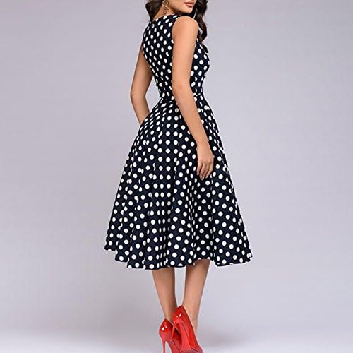 Aishow Women's Women Summer Sleeveless Polka Dot Print Dress Retro Vintage Dresses Knee Length Party Dress