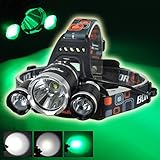 Boruit 3Pcs Led Bulbs Cree T6+2R5 Headlamp 3000LM Rechargeable White+Green Lighting Hunting Fishing Night Light Headlight 2Pcs 18650+Charger