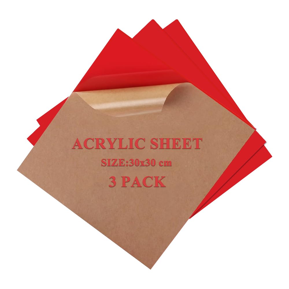 Uadme Red Acrylic Sheets, 3Pack Opaque Coloured Cast Gloss Perspex Sheet 3mm, 12 x 12 Inches Colored Laser Cutting Engraving DIY Blank Material for Sign Home Decor Handcraft Display Projects