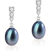 BAMIKI Pearl Drop Earrings, Saltwater Cultured Pearl, 925 Sterling Silver Dangle Earrings with Cubic Zirconia Diamonds, White Gold Plated Jewelry Gifts for Women