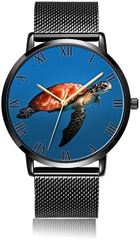 Whiterbunny Customized Melancholy Sea Turtle Wrist Watch Unisex Analog Quartz Fashion Black Steel Strip/Black Dial Plate for Women and Men
