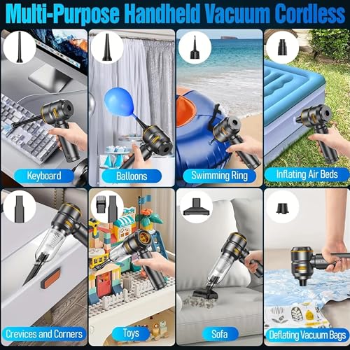 Aishini Handheld Cordless Vacuum, Car Vacuum Cleaner, 4-in-1 22000PA High Power Portable Rechargeable Vacuum Cleaner with Brushless Motor, Small Handheld Vacuum & Air Blower & Pump - Black