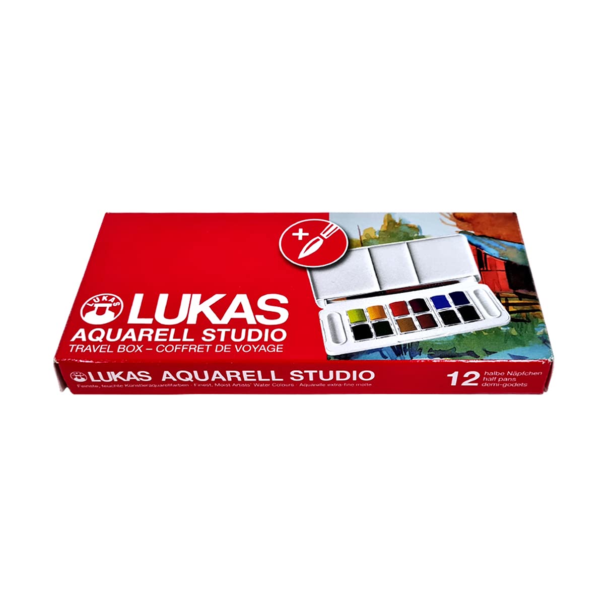 Lukas Aquarell Artist Studio Watercolor Paint Set - Professional Quality, Includes Travel Friendly Plein Aire Outdoor Painting Case, a Water Color Brush and Color Mixing Palette - 12 Brilliant Colors
