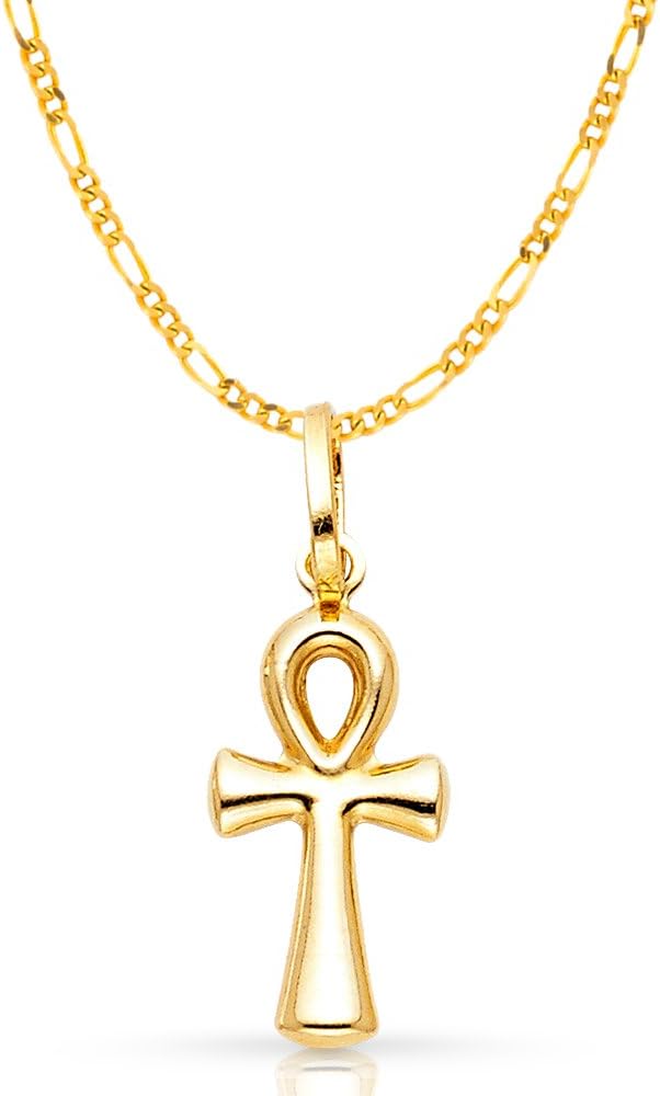 Ioka14K Yellow Gold Egyptian Ankh Cross Charm Pendant with 1.2mm Figaro 3+1 Chain Necklace