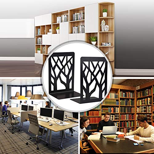 Bookends, Metal Book Ends, Decorative Bookend Supports Black Book Shelf Holder Non Skid Heavy Duty Book Stoppers 1 Pair, Book Stand for Shelves Bookshelf Office School Library with 1 Pen Holder
