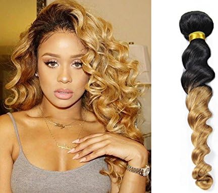 Babe Hair Ombre Hair Extension Real Human Hair Loose Wave Bundle Black to Blonde 2 Tone Color Grade 7A Virgin Brazilian Hair for Women (12 Inches, 1B/27)