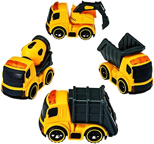 Dragon Too Construction Trucks Construction Vehicles - Pack of 4 Mini Trucks- Cement Truck- Dump Truck – Excavator – Garbage Truck - with Lights and Sounds