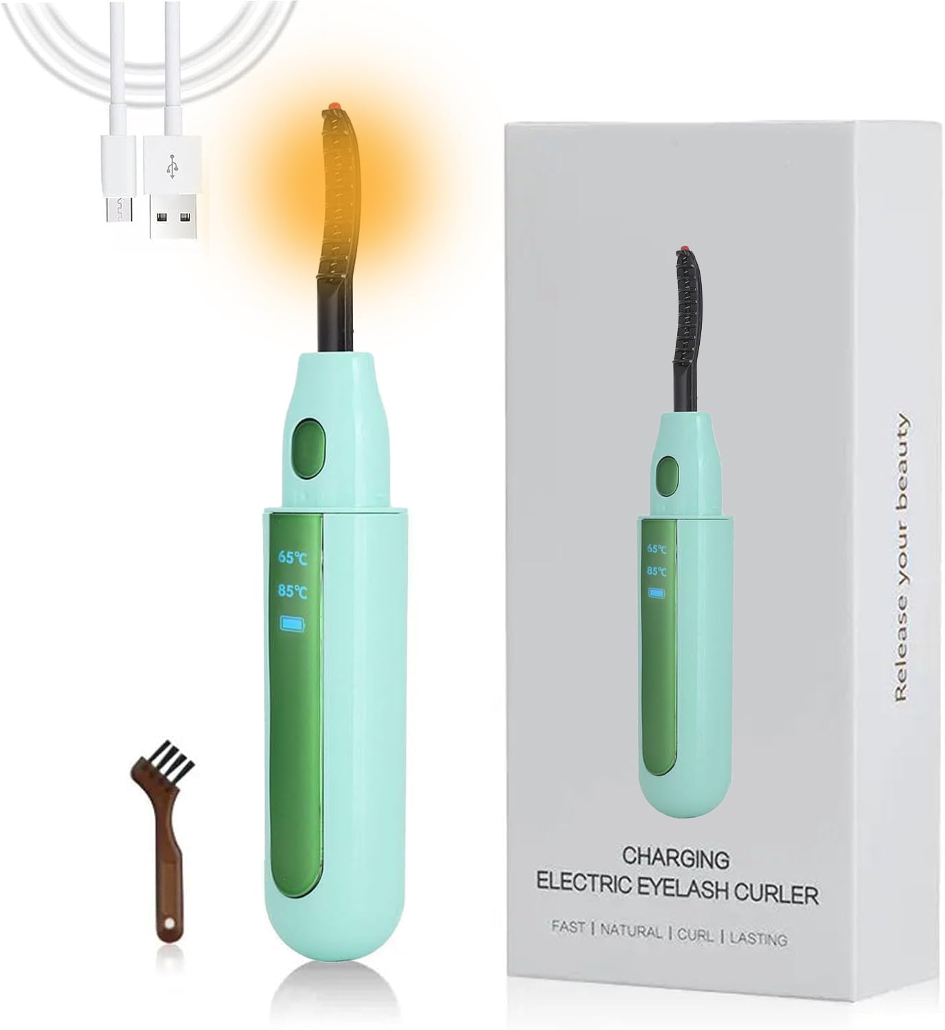 Heated Eyelash Curler, USB Rechargeable Eyelash Curler, 2 Gear Temperature Control with LED Display Mini Lash Curler for Women Girls Quick Heating Curling (Green)