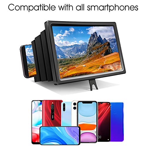 Foonii 12'' 3D Screen Magnifier for Cellphone, HD Phone Screen Magnifier for Movies, Videos and Gaming with Foldable Holder Stand, Screen Amplifier Compatible with All Cellphone (Black)