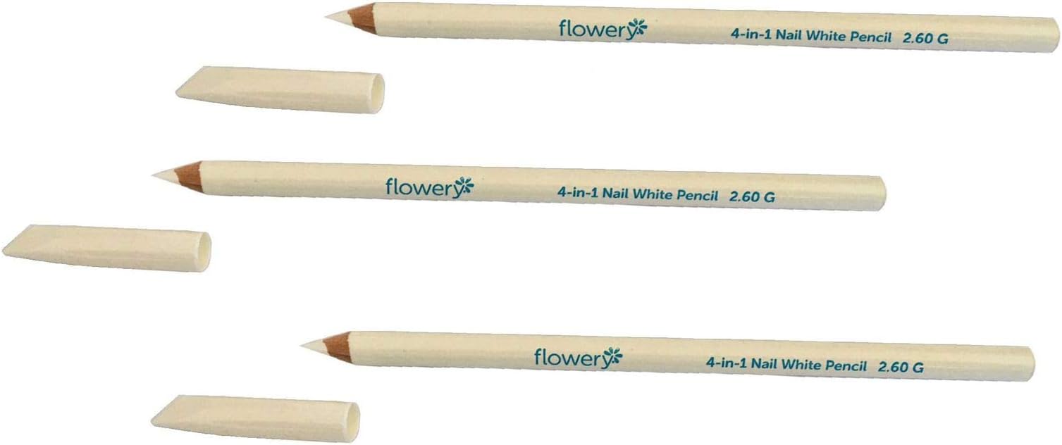 Flowery Nail White Pencil with Cuticle Pusher Cap - 7" Long (3 - PACK)