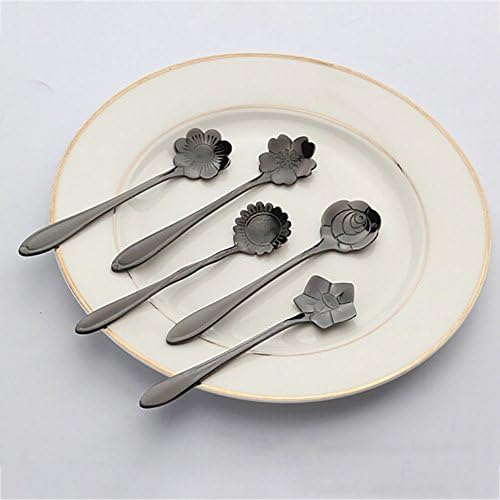 Gaddrt 5Pcs Stainless Steel Cherry Blossoms Spoons Handle Dessert Tea Coffee Flowers Spoon Ice Cream Drinking Tools Kitchen Gadget Great for Coffee Shop Bar Restaurant (Black)