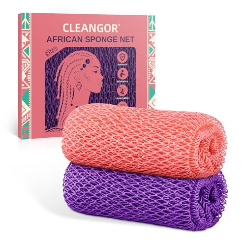Cleangor 2Pcs African Net Sponge Authentic with Knots - Exfoliating Body Scrubber for All Skin Types, African Bath Sponge, Wash Cloth, Gentle Exfoliation Shower Rag for Women Daily Use(Pink & Purple)