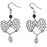 RWXXYHM Handmade Silver Filigree Bow Dangle Earrings, Pearl Drop, Burgundy Bead Accent, Sweet Style