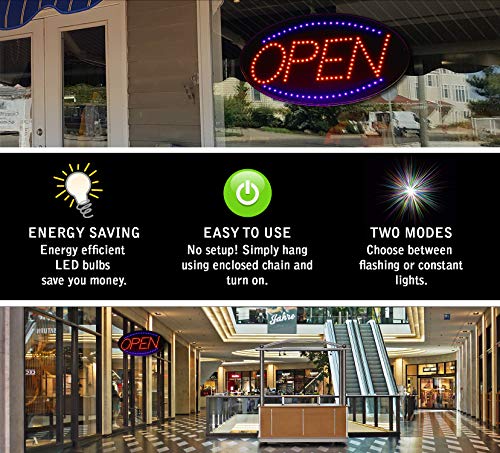 Open Sign LED Neon, Large 23" x 14". Also Includes: Open/Closed Hanging Sign, Business Hours Sign (All 3 Included) Value Pack | LED Open Sign - Flashing & Solid Light for Higher Visibility