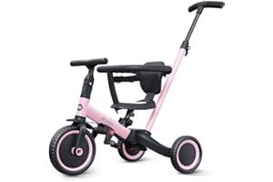 newyoo 5 in 1 Tricycles for 1-3 Year Olds, Baby Balance Bike, Christmas & Birthday Gift for Boy & Girl, Toddler Bike with Parent Push Handle, Safety Guard, Backrest & Safety Belt, Pink, TR008