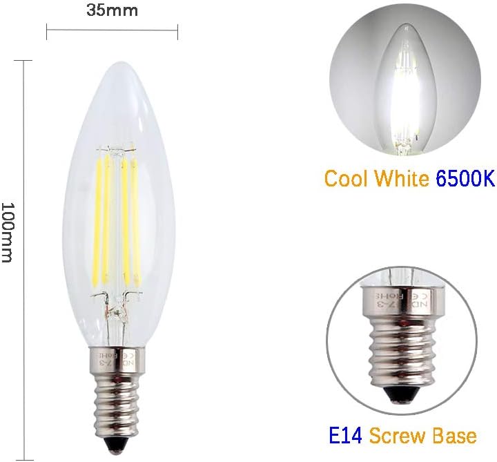Engeya E14 LED Candle Light Bulb 4W,40W Incandescent Bulbs Equivalent,Small Edison Screw Clear Candle Light Bulb,Non-Dimmable/ AC220-240V/ 400 Lumens/Cool White 6000K,6-Pack - Image 3