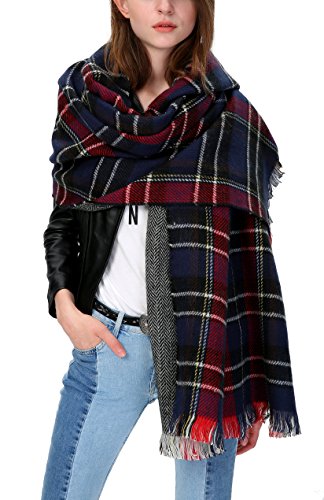 Urban CoCo Women's Soft Tartan Checked Plaid Scarf Shawl Cape Blanket Shawl Wrap Scarf Poncho with Fringe Trims (Series 2 navy)