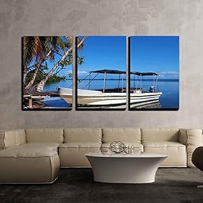 3 Piece Canvas Wall Art - Tropical Beach with a Boat at Dock and Coconuts Trees Shades - Modern Home Art Stretched and Framed Ready to Hang - 16"x24"x3 Panels
