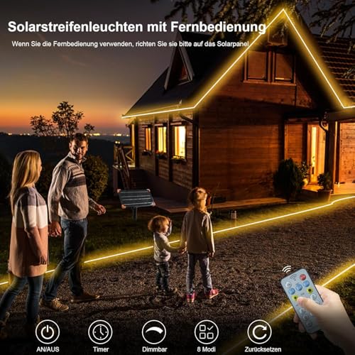 DBFAIRY 15 m Solar LED Strip Outdoor, 540 LED Strip Outdoor, IP68 Waterproof Solar LED Strip with Remote Control Timer, LED Strip for Garden, Patio, Balcony Decoration (Warm White)