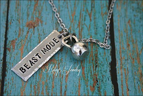 Hand Stamped "Beast Mode" Necklace Jewelry Personal Trainer, Workout, Exercised, Weightlifting, Kettlebell Charm, Kettle bell charm