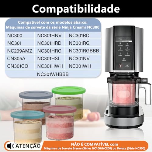 Pacote com 4 Pote para Ninja Creami, Compatível Apenas com Maquina de Sorvete Ninja NC299AMZ e NC300s Series, com 4 Colheres Coloridas e 1 Colher de Sorvete, Livre de BPA e Lavável na Lava-louças