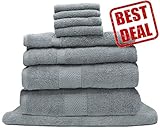 NaturCute Luxury 9-Piece Cotton Bath Sheets Set - Two Bath Towels, Two Hand Towels, Four Washcloths, One Bathroom Mat (Gray)