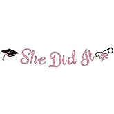 She Did It Banner, She Mastered That, She Believed She Could So She Did, Congratulations Grad for Girl, Class of 2025 Graduation Party Decorations Supplies for Her, Pink Glitter