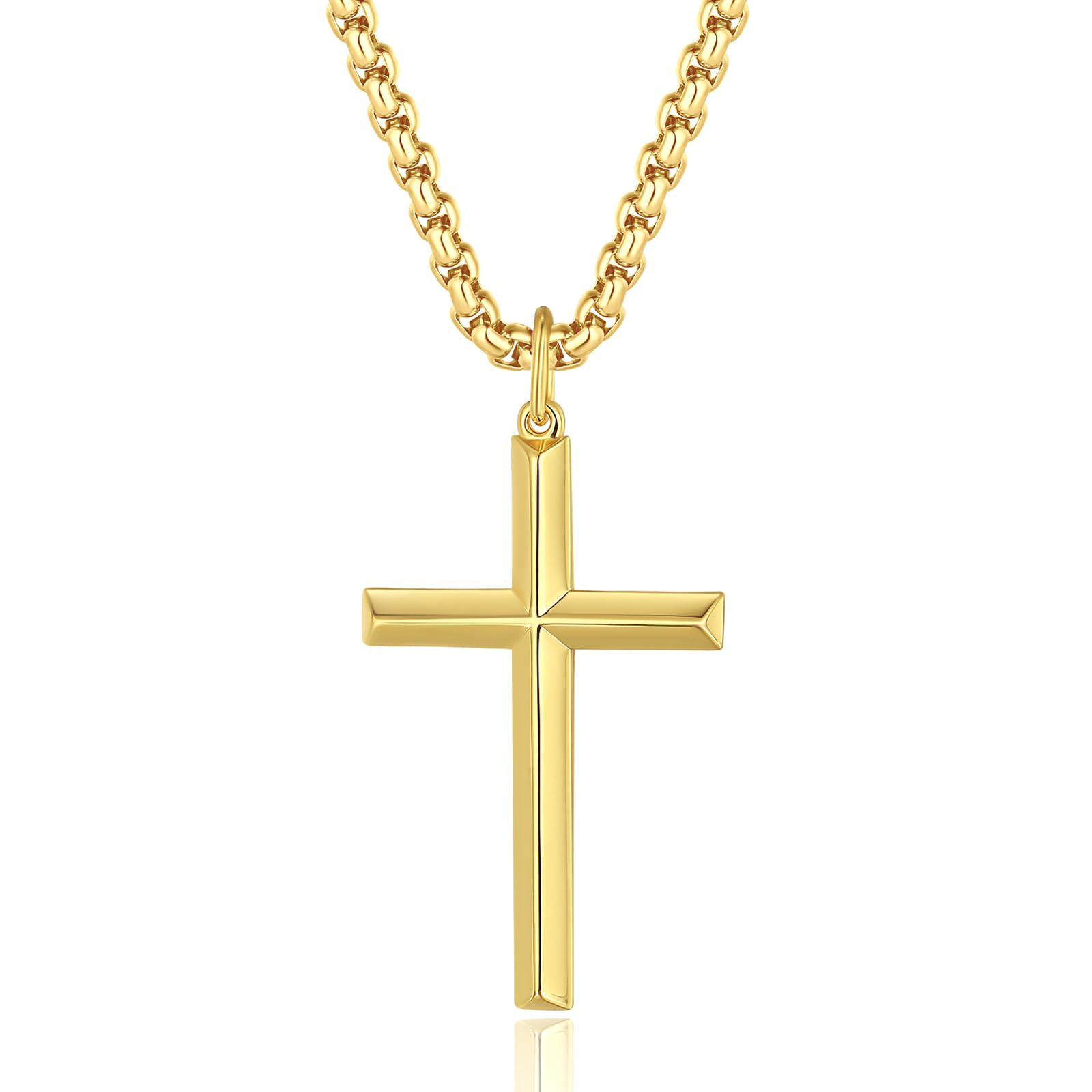 FANCIME Yellow Gold Plated 925 Solid Sterling Silver High Polished Mens Crucifix Sharp Pendant Fine Jewellery for Mens Boys, with Stainless Steel Box Chain Necklace Length 22 Inch