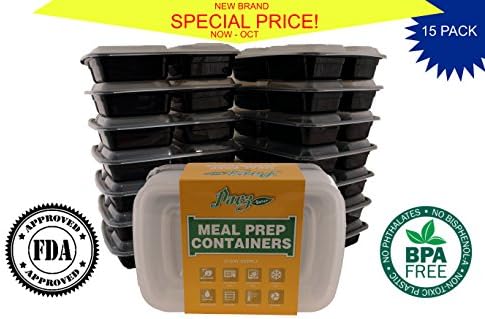 PACZSAVER 2 Compartment Meal Prep Food Container with Lid 15-Pack for Portion Control Meals - Microwave Freezer and Dishwasher Safe, Top Quality, Reusable, Stackable BPA-Free, (25oz)