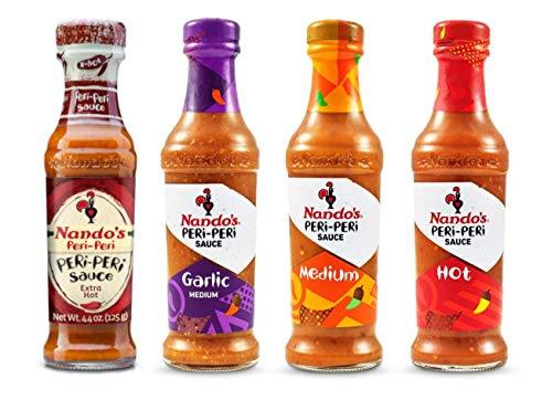 Nando's PERi-PERi Sauce Variety Pack - Medium, Garlic, Hot, and Extra Hot | Gluten Free | Non GMO | 4.7 Oz (4 Pack
