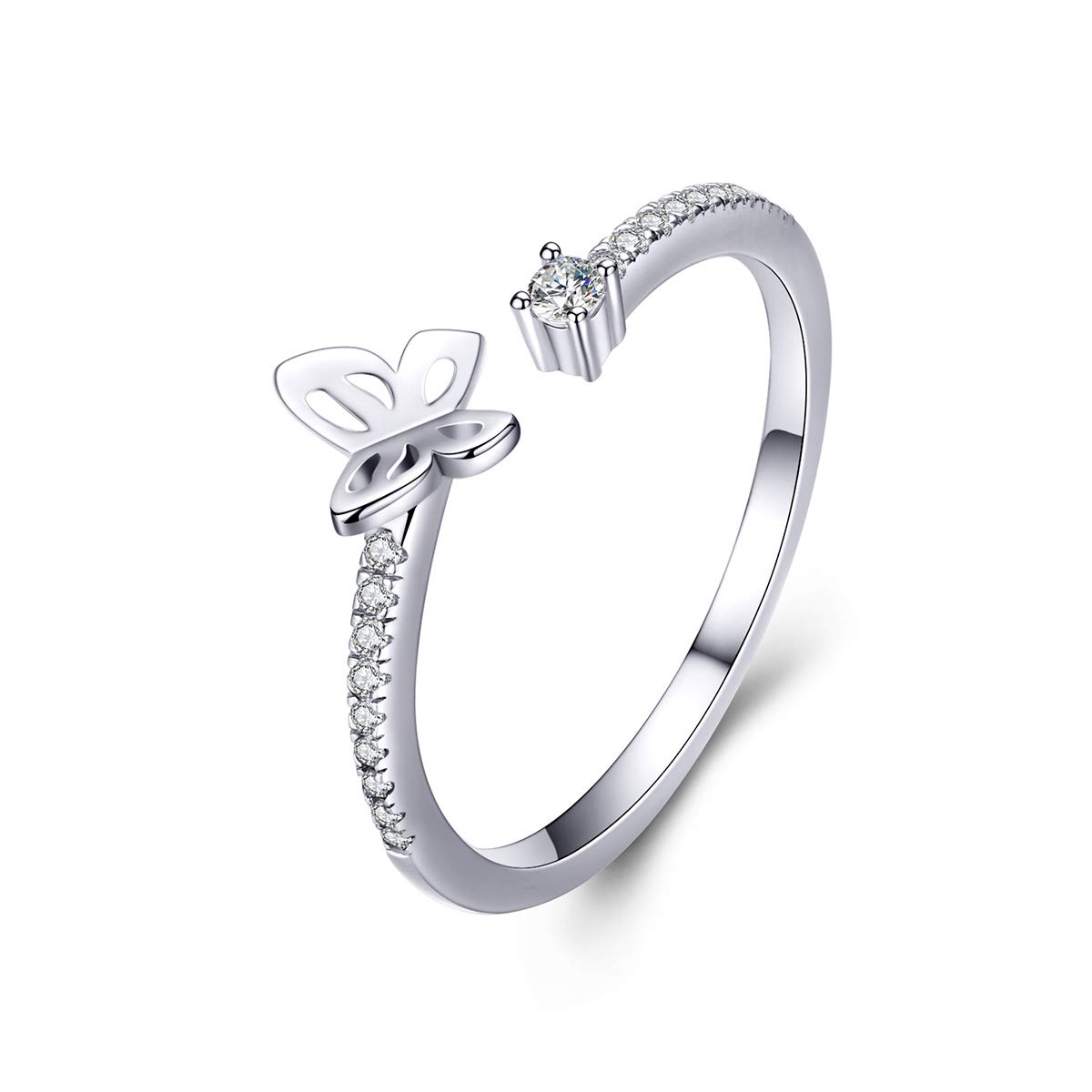 Cubic Zirconia Little Butterfly Open Statement Rings S925 Sterling Silver Dainty Birthstone Crystal Adjustable Eternity Engagement Wedding Ring Finger Band Cute Jewelry for Women Girls BFF