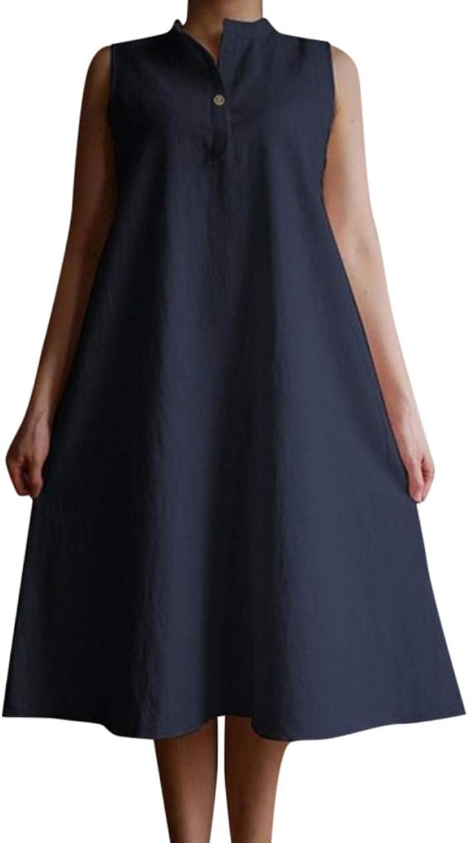 LEORTKS-Damen Kleid, Damenmode einfarbig ärmellose lose Leinen