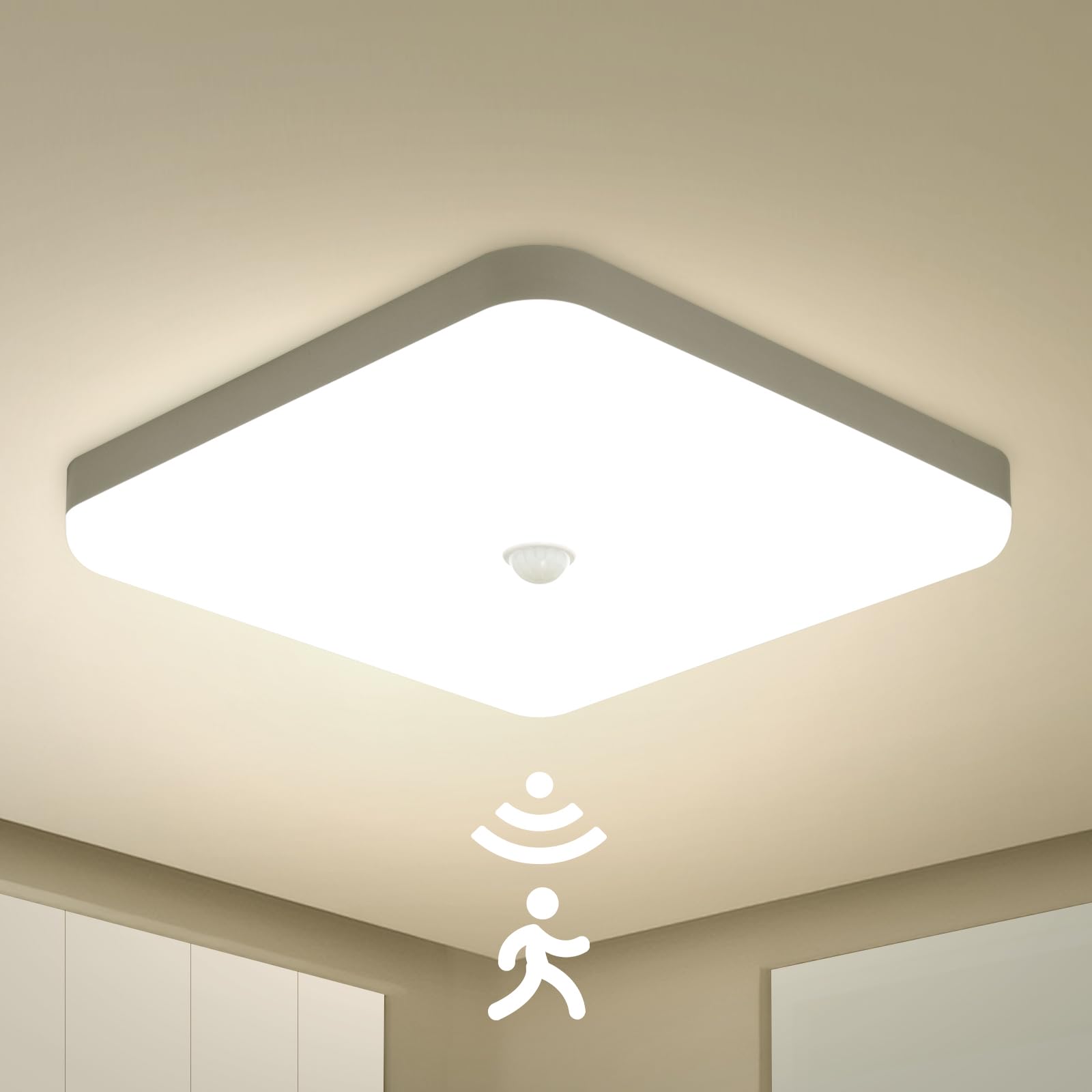Combuh 30W LED Motion Sensor Ceiling Light Indoor, 25CM Natural White 4000K, IP56 Waterproof Lights Fitting with PIR for Porch Hallway Roof Stairway