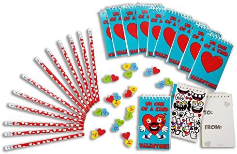 Decorate your Valentine Notepads with Funny Face Stickers, Matching Pencils, and Candy Heart Erasers - Set for 12 Kids (48 Piece Bundle)