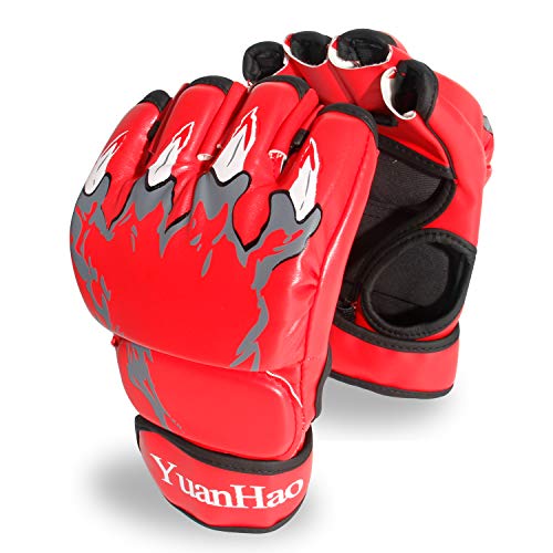 MMA Gloves Kickboxing Punching Gloves - Half-finger UFC Boxing Fight Gloves with Adjustable Wrist Band for Men Women for Muay Thai Sanda Sparring Bag Training Mixed Martial Arts Red One Size Fits Most