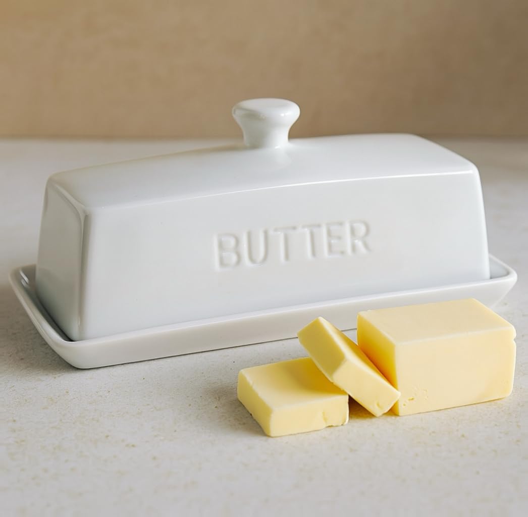 Photo 1 of Butter Dish with Lid,WERTIOO Butter Dish With Lid for Countertop,7.6" x 3.3" Butter Tray,Butter Holder for 1 Stick.Textured Tray Butter Keeper for Non Slip Storage,Ceramic - White
