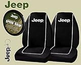 Jeep Logo PAIR Front Bucket Seat Covers & Jeep Comfort Grip Steering Wheel Cover & Jeep Keychain