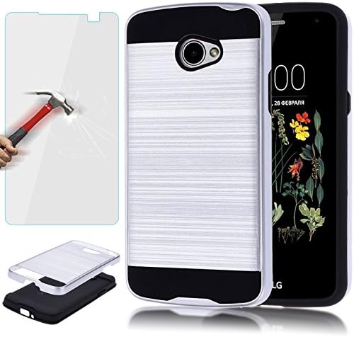 AUU LG K5 Case, X220 Case, Dual Layer Slim [Brushed Metal Texture] Full Body Impact Resistant Armor Shockproof Heavy Duty Cover Shell for LG K5 X220 Silver +Tempered Glass Screen Protector