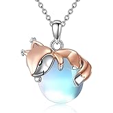 Vadmans Animals Necklace Sterling Silver Rabbit/Penguin/Frog Pendant Animal Rose Quartz/Moonstone Jewelry Gift for Women