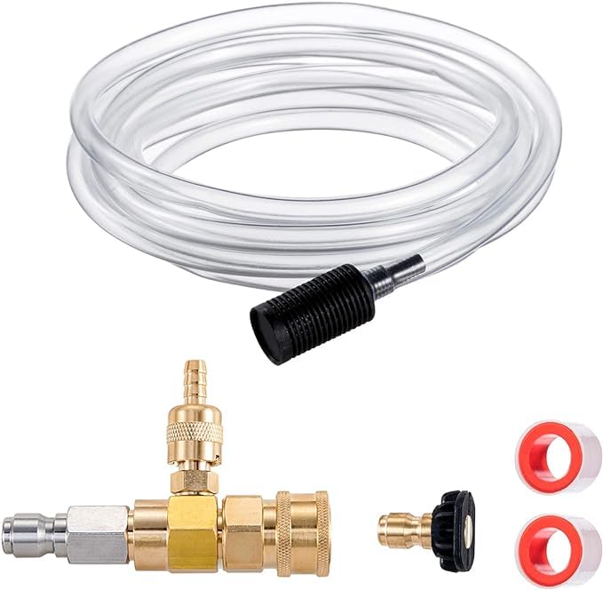 Chemical Injector Kit for High Pressure Washer, 4000 PSI Adjustable Soap Dispenser with 1/4 Inch Black Soap Nozzle and Teflon Tape, 10 Ft Siphon Hose, 3/8 Inch Quick Connect (Chemical Injector Kit)
