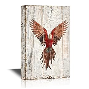 Birds and Poultry Canvas Wall Art - A Flying Red Parrot - Vintage Wood Style Giclee Print Gallery Wrap Modern Home Art | Ready to Hang - 12x18 inches