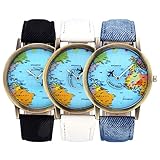 Top Plaza Womens Mens Rotating Airplane Global Travel World Map Watch PU Leather Band Quartz Watch 3pcs/Set