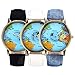 Top Plaza Womens Mens Rotating Airplane Global Travel World Map Watch PU Leather Band Quartz Watch 3pcs/Set